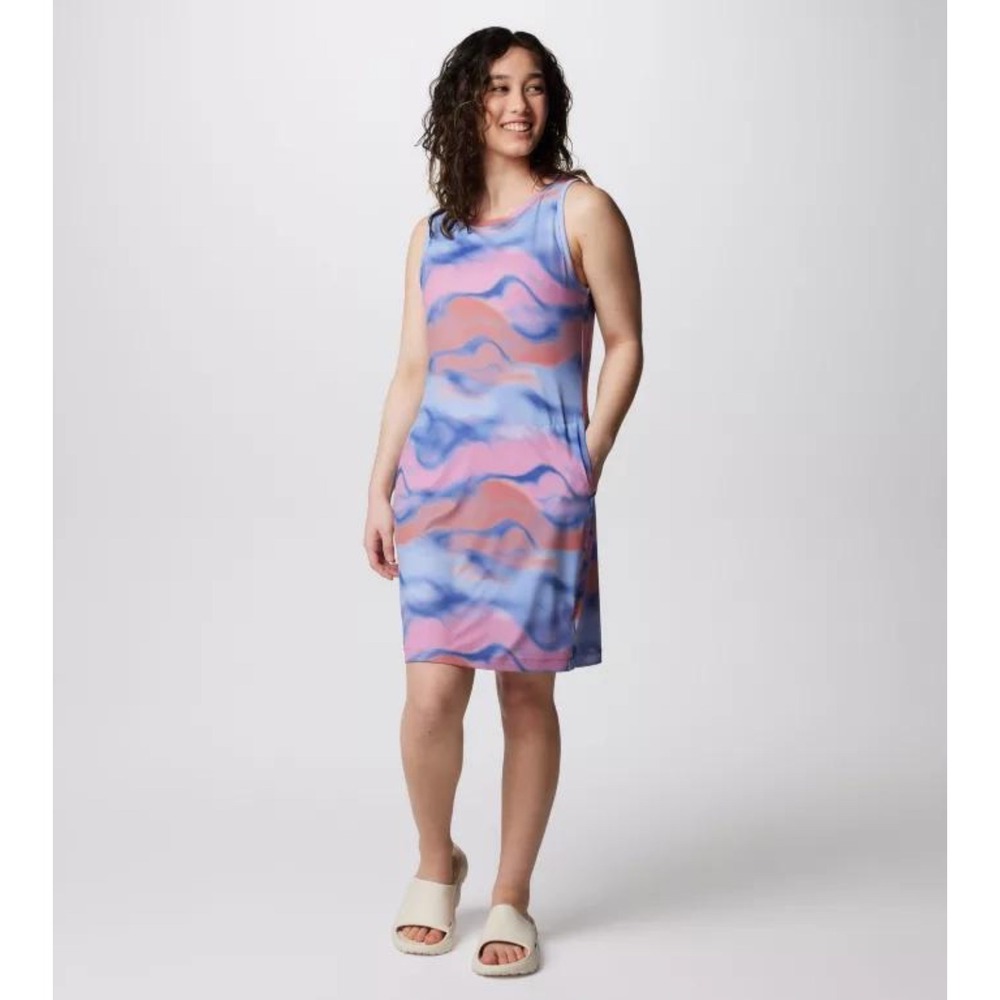 Columbia Sportswear Chill River Tank Dress Large Pink Blue Pockets UPF50 Wicking